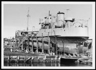 Portside Sternview.  U.S. Navy Vessel [?] 78. On dry dock.